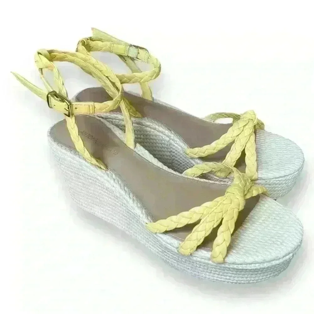 Antonio Melani Yellow Braided Leather Stacked Wedge Sandals 9.5